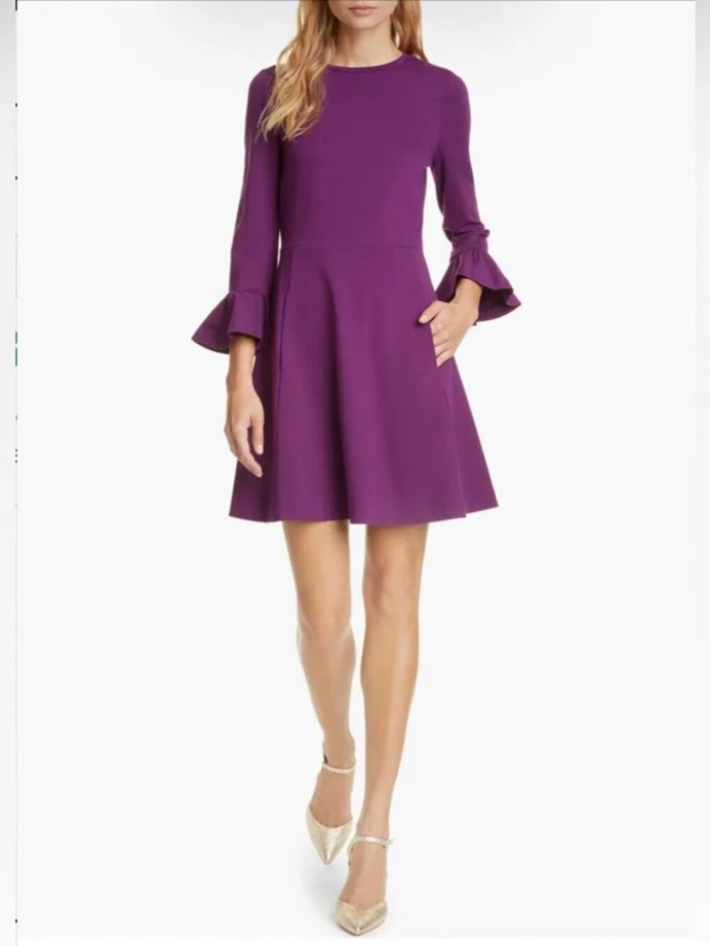 Kate Spade Dress Mini Long Bell Sleeve Ponte Round Neck Stretch Purple Small